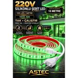 Astec Yapışkanlı 15 Metre Yeşil 220V Silikonlu Şerit Led Yüksek Güç Tak Çalıştır İç Dış Mekân Su Geçirmez Yeşil