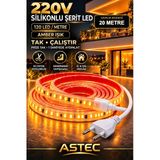 Astec Yapışkanlı 20 Metre Amber 220V Silikonlu Şerit Led Yüksek Güç Tak Çalıştır İç Dış Mekân Su Geçirmez Amber