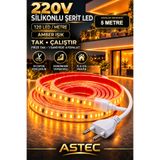 ASTEC Yapışkanlı 5 Metre Amber 220V Silikonlu Şerit LED Yüksek Güç Tak Çalıştır İç Dış Mekân Su Geçirmez