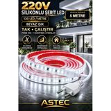 Astec Yapışkanlı 5 Metre Beyaz 220V Silikonlu Şerit Led Yüksek Güç Tak Çalıştır İç Dış Mekân Su Geçirmez Beyaz