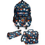 Astral Polo Club Basketbol Desenli Beş Bölmeli 3'lü Okul Çanta Seti 04597 - Lacivert - Turuncu