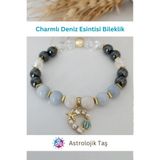 Astrolojik Doğal Taş Charmlı Deniz Esintisi Doğal Taş Bileklik- Sertifikalı - Akuamarin, Necef Taşı & Ay Taşı