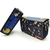 Astronot Moon Galaksi Kalem Kutusu Kawai Organizer Kalemkutu Vegan Deri Üç Bölmeli Kalemlik-Siyah