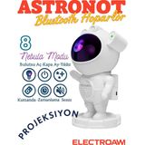 Astronot Tasarımlı Bluetooth Hoparlör & Gece Lambası – 8 Renkli Projeksiyon, Kumandalı - Beyaz