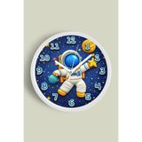 Astronot ve Yıldızlarla Uzay Keşfi Temalı Çocuk Odası Duvar Saati - 30cm - Önü Camlı Beyaz Kasa, JH1331S30BKP