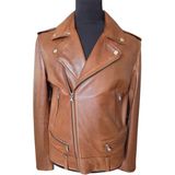 Asus Deri- Erkek Hakiki Deri Kahverengi Taba Süet Garnili Biker Vintage Ceket - Kahverengi - Taba
