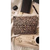 Asus Deri -Hakiki Deri Animal Print Tasarım Düğmeli Tablet Çantası - Leopar Desenli Portföy - Kahverengi