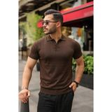 Asyahsap Erkek Düğmeli Yaka Pamuk Triko Tişört - Acı Kahve - 2XL