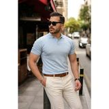 Asyahsap Erkek Düğmeli Yaka Pamuk Triko Tişört - Bebe Mavisi - 2XL