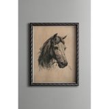 At Portresi Eskiz Çizimi - Vintage Desenli Çerçeve - İnce Model, Gümüş, 30 x 40