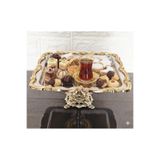 atabey home collection 1 Adet Kare Ayaklı Gümüş Sunum Tepsisi Gold Gül Çerçeveli & Kahve & Pasta/Börek Servis 21 CM