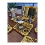 atabey home collection 2 Adet Gold Sunum Tepsisi Gold Kulplu Japon Gülü & Kahve & Pasta/Börek Servis 21 CM