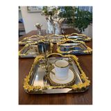 atabey home collection 2 Adet Gümüş Sunum Tepsisi Gold Kulplu Japon Gülü & Kahve & Pasta/Börek Servis 21 CM