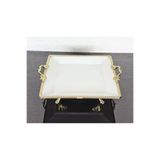 atabey home Porselen Büyük Sade Kare Servis Tabaği-Sunumluk Döküm Gold Çerçeve Ve Küçük 4 Ayakli 27Cm