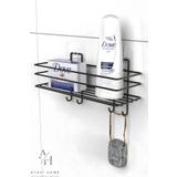 ATACI Paslanmaz Yapışkanlı 4 Kancalı Banyo Rafı Mat Siyah Banyo Şampuanlık Duşakabin Duş Askısı