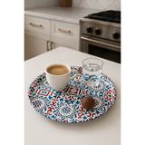 Atagift Hediyelik Akdeniz Esintili Mavi Tonlu Motiflere Sahip Metal Çay Kahve Sunum Tepsisi – Yuvarlak 30CM - Mavi - Beyaz