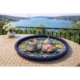 Atagift Hediyelik Akdeniz Limon Desenli Yuvarlak Metal Çay Kahve Sunum Tepsisi – 35 cm - Lacivert