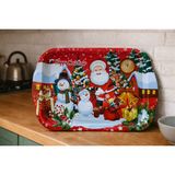 Atagift Hediyelik Happy New Year Temalı Büyük Boy 35X20 cm Metal Sunum Tepsisi – Kırmızı Zeminli Noel Baba & Kardan Adam Desenli Yılbaşı Tepsisi