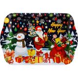 Atagift Hediyelik Happy New Year Temalı Küçük Boy 25 x 16 cm Metal Sunum Tepsisi – Noel Baba & Kardan Adam Desenli, Yılbaşı Hediyelik Tepsi - Lacivert