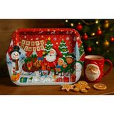 Atagift Hediyelik Happy New Year Temalı Küçük Boy 25X16 cm Metal Sunum Tepsisi – Noel Baba, Kardan Adam ve Yılbaşı Ailesi Desenli Kırmızı Tepsi