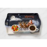 Atagift Hediyelik Merry Christmas Noel Baba & Geyik Desenli Küçük Boy 25X 16 cm Metal Tepsi – Yılbaşı Kahve ve Ikram Sunum Tepsisi - Lacivert - Beyaz