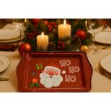 Atagift Hediyelik Noel Baba Figürlü Yılbaşı Metal Tepsi – Ho Ho Ho Yazılı Küçük Boy Çay Kahve Tepsisi 25X16CM - Kırmızı