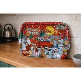 Atagift Hediyelik Yılbaşı Temalı Noel Baba & Kardan Adam Geyik Desenli Büyük Boy 35X20 cm Metal Sunum Tepsisi –çay Kahvetepsisi - Kırmızı