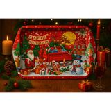 Atagift Hediyelik Yılbaşı Temalı Şeker Arabalı Küçük Boy 25X16 cm Metal Sunum Tepsisi – Kırmızı Zeminli Noel Baba & Kış Masalı Desenli Happy New Year Tepsi