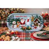 Atagift Hediyelik Yılbaşı Temalı Uzun Oval Metal Tepsi – Happy New Year Desenli Çay Kahve Sunum Tepsisi 35X 16CM - Beyaz - Açık Mavi