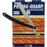 Atamanstore Permasharp Yaprak Jilet 100'LÜ Paket, Ali Bıyıklı Ustura Tıraş Seti - SİYAH USTURA