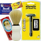Atamanstore Wilkinson Tıraş Makinesi 5'li Jilet Ile Birlikte | Tıraş Fırçası | Tıraş Sabunu | 5'li Shark Chrome Jilet | Kibrit Kantaşı | Tıraş Seti - BEYAZ