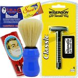 Atamanstore Wilkinson Tıraş Makinesi 5'li Jilet Ile Birlikte | Tıraş Fırçası | Tıraş Sabunu | 5'li Shark Chrome Jilet | Kibrit Kantaşı | Tıraş Seti - MAVİ