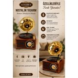 ataşbey RT-603 Özel Plak ve Gramafon Tasarımlı Klasik Retro Nostalji Bluetooth/USB/Sd/ Radyo Mp3 Player Müzik Kutusu