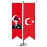 Atatürk - Ay Yıldız -Türk Bayrağı ve Türkiye - Kırlangıç - Saten T direk 2li Masa Bayrağı