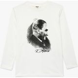 Atatürk Baskılı Uzun Kollu Bisiklet Yaka Pamuklu Tişört - Beyaz - 5 - 6 Yaş