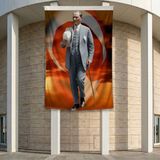 Atatürk Baston ve Fotor Şapkasiyla Poster Bayrak Premium Raşel Kumaş ATA74 2X3M