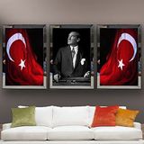 Atatürk Bayrak Temalı Aynalı Çerçeveli 3 lü Kanvas Tablo Seti 150x70 cm SETS0041