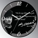 Atatürk Çalışkan Olmak Bombeli Gerçek Cam Sessiz Duvar Saati Siyah