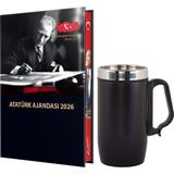 Atatürk Ciltli Ajanda ve Kulplu Termos Bardak - Çok Renkli