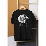 Atatürk Gazi Mustafa Kemal 10 Kasım Türk Bayrağı Baskılı Siyah T-Shirt Unisex Tişört - 2XL