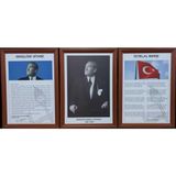 Atatürk-Gençliğe Hitabe-İstiklal Marşı MDF Portre Tablo Köşe 3 lü set 35x50cm