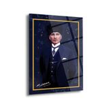 Atatürk Lacivert Fon Ve Altın Çerçeveli Cam Tablo – Ata224