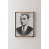 Atatürk Portresi Karakalem Efekti - Ahşap Desenli Çerçeve, Kahverengi, 17 x 23, 3646362354140
