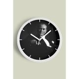 Atatürk Temalı Dekoratif Modern Duvar Saati - 30 cm - Önü Camlı Beyaz Kasa - Sessiz Mekanizma, JH1262S30BKPM