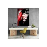 Atatürk ve Bayrak Cam Tablo Dikey Duvar Tablosu Ofis Ev Dekoru Atatürk Portresi