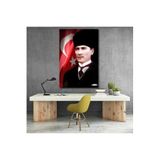 Atatürk ve Bayrak Kanvas Tablo Dikey Duvar Tablosu Ofis Ev Dekoru Atatürk Portresi