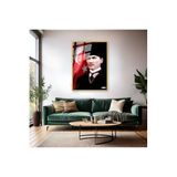 Atatürk ve Bayrak Metal Çerçeveli Cam Tablo Dikey Duvar Tablosu Ofis Ev Dekoru Atatürk Portresi