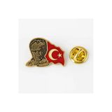 Atatürk Ve Dalgalı Türk Bayrağı Gold Rozet | Parlak Metal Yaka Rozeti