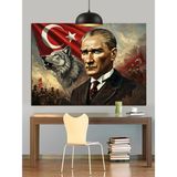Atatürk ve Kurt Resmi Dekoratif Kanvas - Mdf Ahşap Tablo - 100x140 Cm