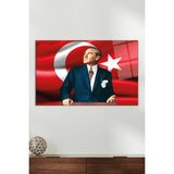 Atatürk ve Türk Bayrağı Cam Tablo, Modern Ev Ofis Dekoru, Hediyelik Duvar Dekorasyonu, Kırılmaz Cam - 60 x 90